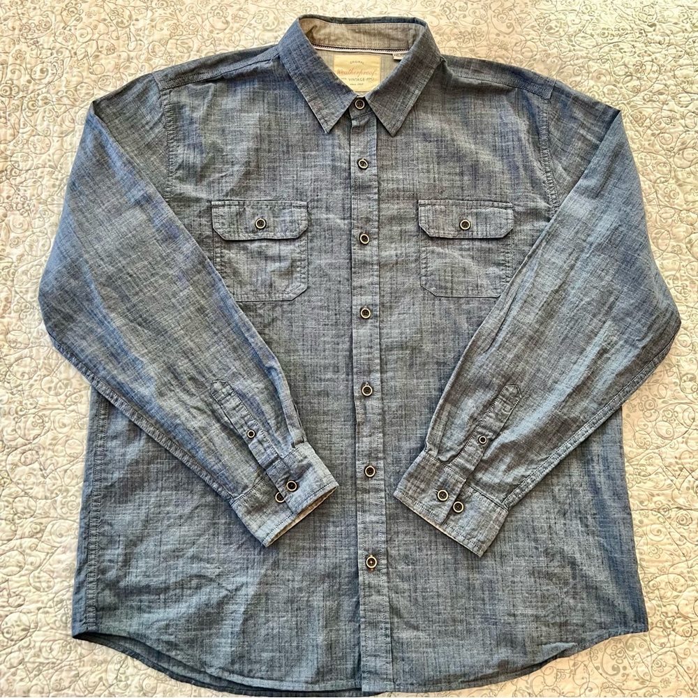 Weatherproof Men's Dark Chambray Cotton Button Down Utility Shirt Work Classic